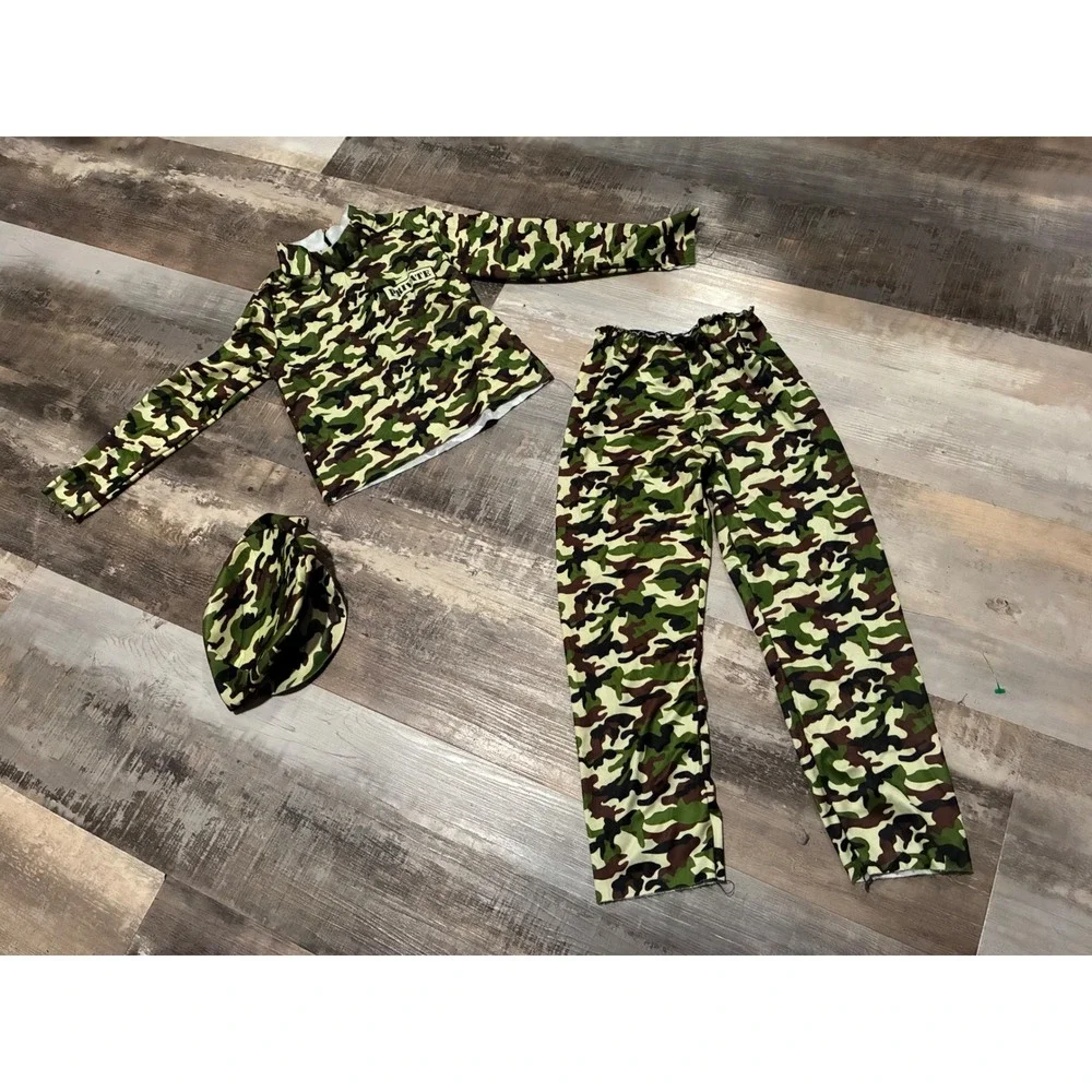 Kids Camouflage Military Soldier Costume Set Top Pants Hat Green Brown Camo
